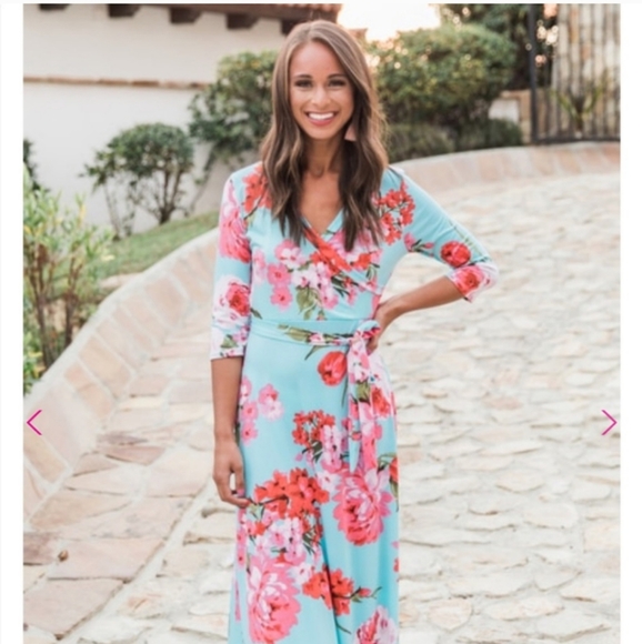 Pink lily dress large floral maxi aqua Boho Pastel Vacation Summer Long Line - Picture 1 of 12
